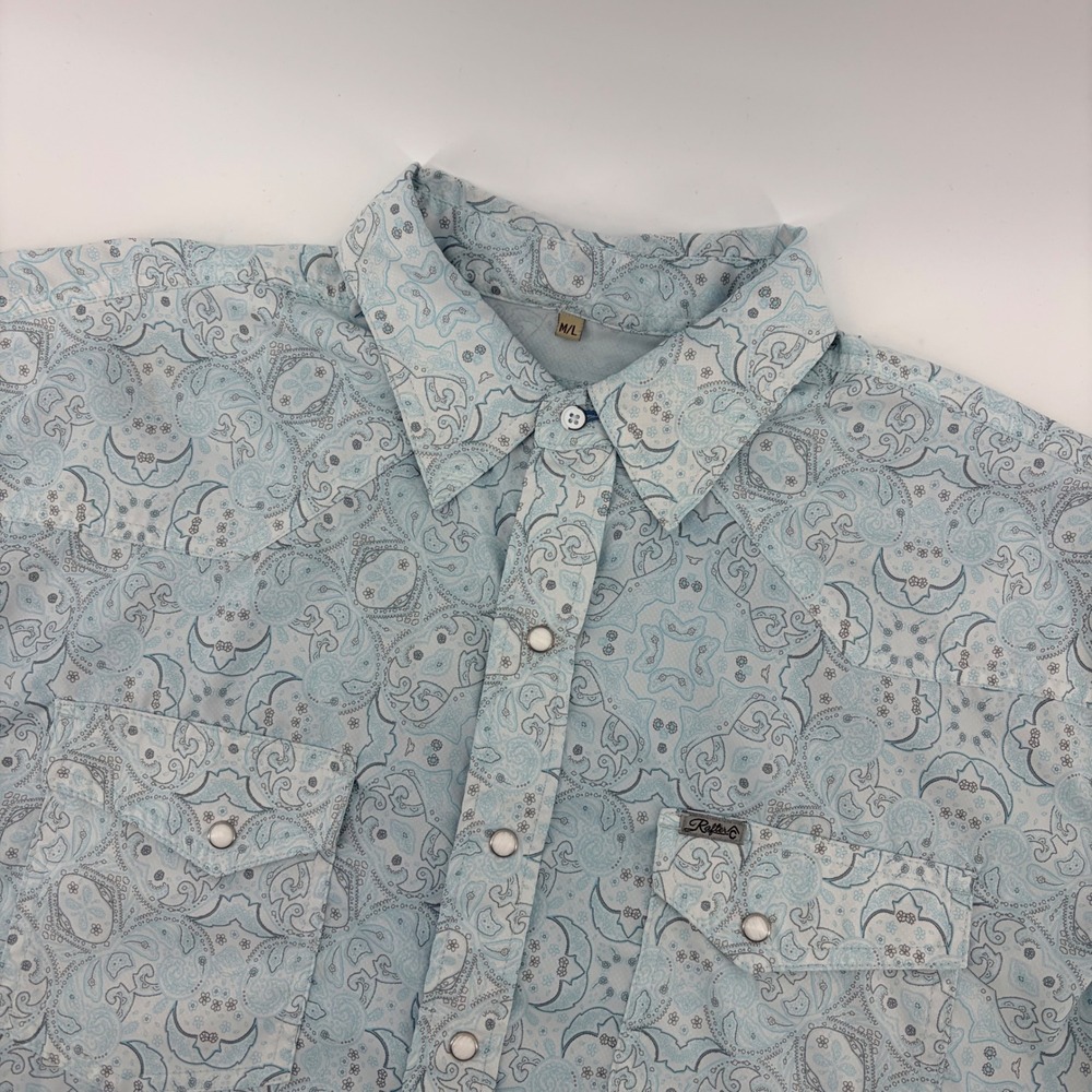 Rafter C‎ Outdoors Western Pearl Snap Shirt Size M/L Paisley Short Sleeve Blue